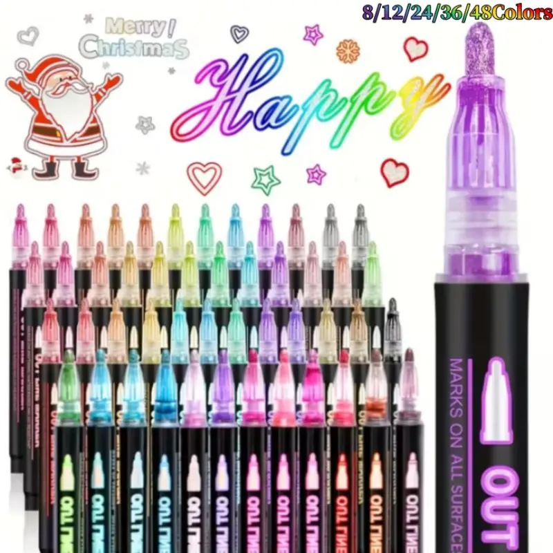 Double Line Contour Marker Set, Fast-Dry Metallic Ink Fluorescent Markers, Luminous Art Pens, Ideal for Journals, Cards, Albums, Posters, Ceramics, Rocks & Glass