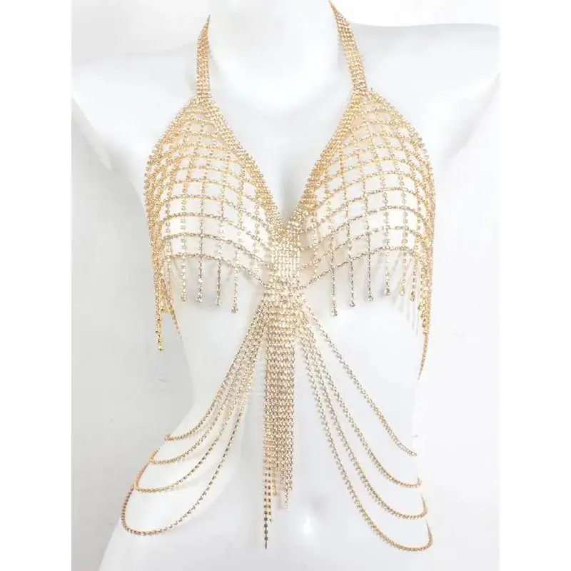 Rhinestone Decorated Body Chain, Women's Fashionable Body Jewelry for Party, Daily Clothing Decor, Trendy Tassel Chest Bra Chain Jewelry for Birthday Gift