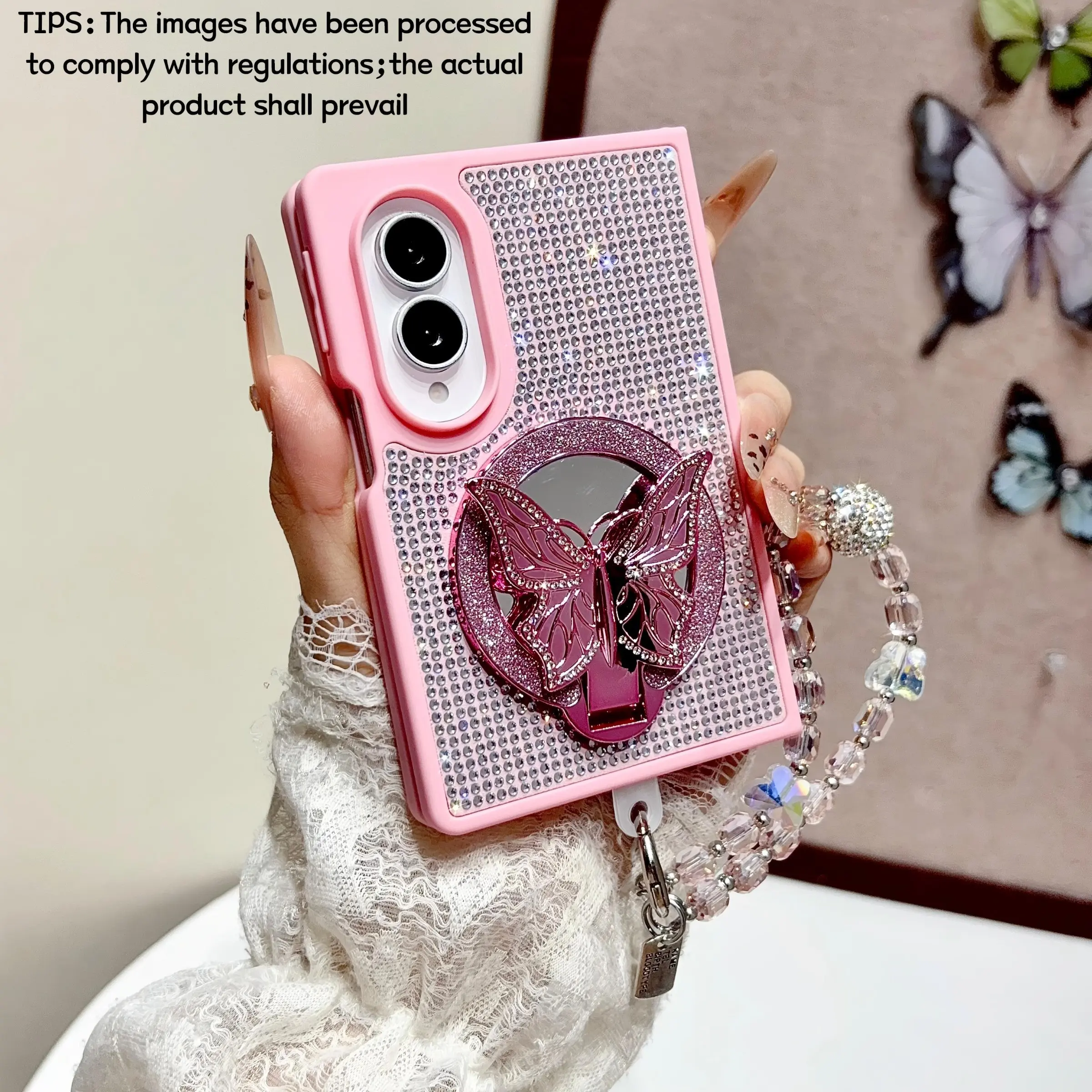 Crystal Diamond & Mirror Butterfly Stand Phone Case, optional hand strap, for Samsung Galaxy Z Fold 8, hands-free stand, mirror for touch-ups, daily scratch-resistant stylish protective case, unique design suitable for everyday use