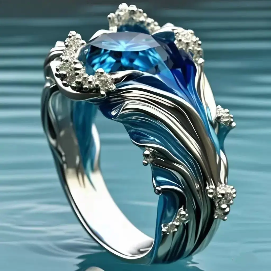 Ocean Wave Ring for Women, Mermaid Inspired Sterling Silver Ring with Blue Crystal & CZ Stone Details, Fantasy Ocean Jewelry Statement Ring for Beach Lovers, Summer Outfits, Daily Wear & Gift Giving sohochic