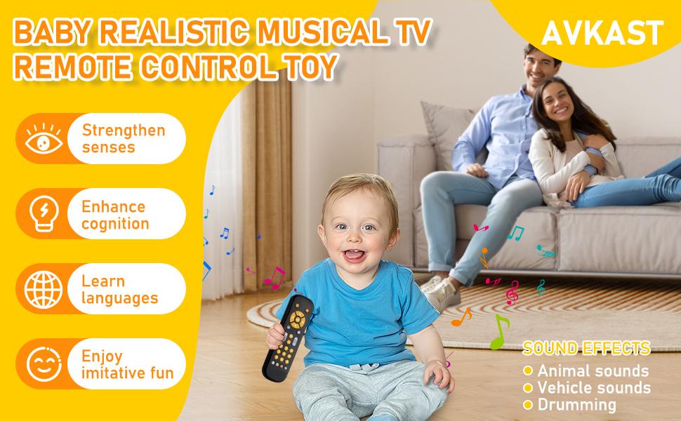 Baby TV Remote Control Toy 6 Month+, Toddler Realistic Remote Toy with Sound and Light, Early Educational Music Toys with 3 Languages English French Spanish for Infant Boys Girls 6 12 18 months
