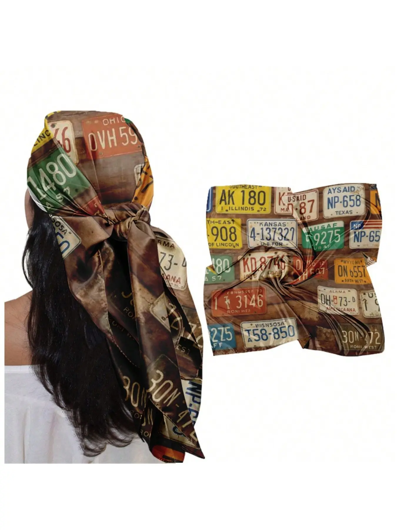 New 35-Inch Headscarf, Soft Vintage License Plate Print, Light Breathable Scarf, Fitted Street Style for All Seasons