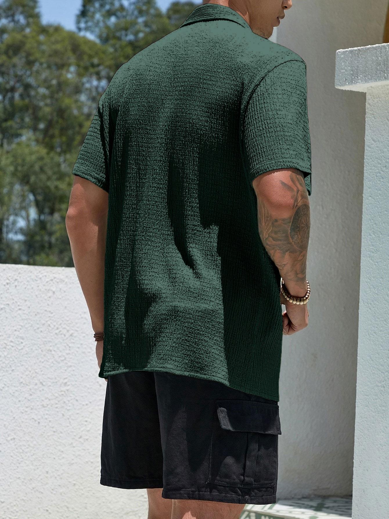 Men's Textured Button Front Shirt, Casual Regular Fit Short Sleeve Collared Top for Summer, Summer Leisure Top 2026, National Day Clothing, Men's Clothes for Daily Wear