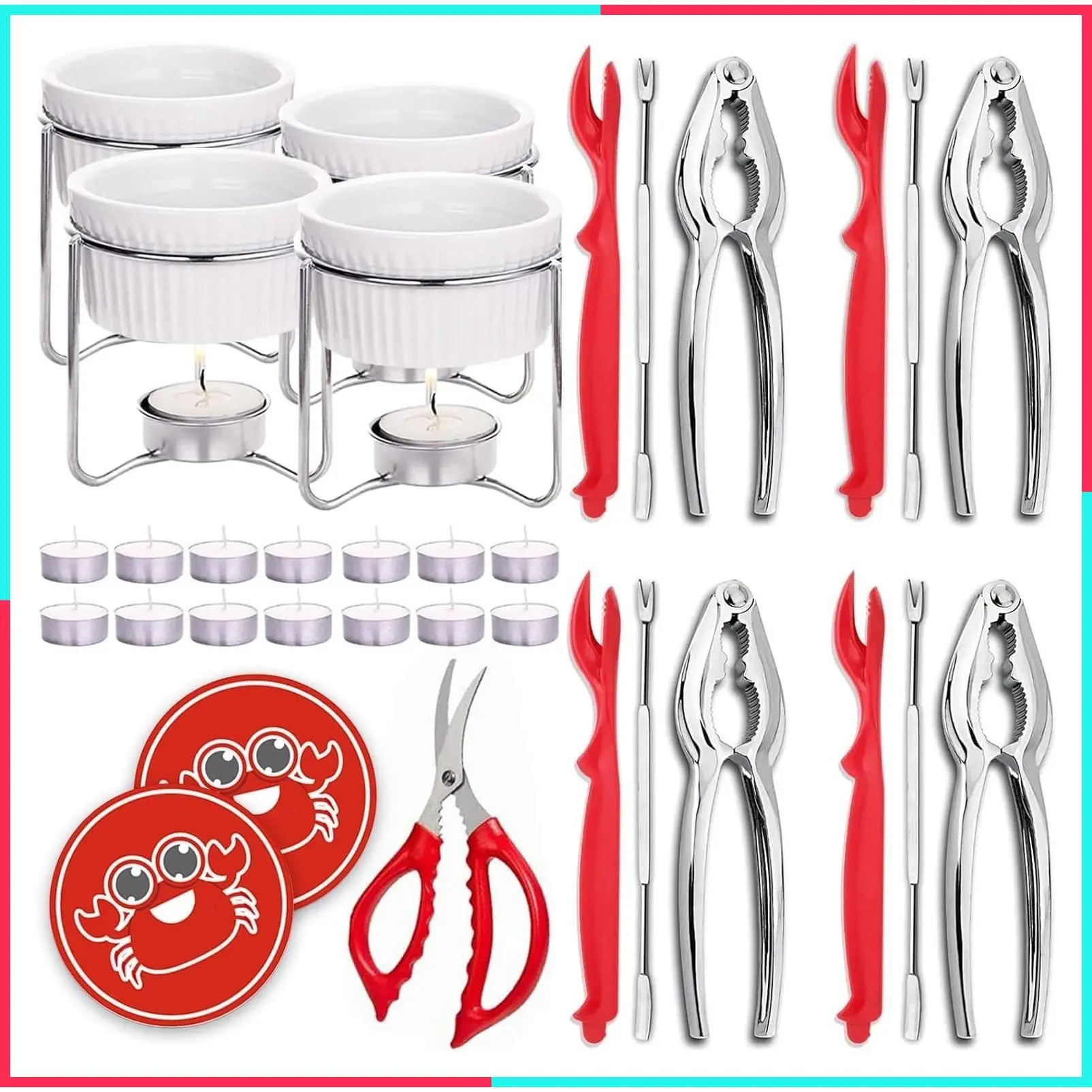 33-Piece Crab Crackers & Seafood Tools Set with 4 Crab Leg Crackers, 4 Crab Forks, 4 Lobster Shellers, 4 Butter Warmers, 1 Seafood Scissors, 14 Tealight Candles, 2 Crab Grabbers for Seafood Boil Party Supplies