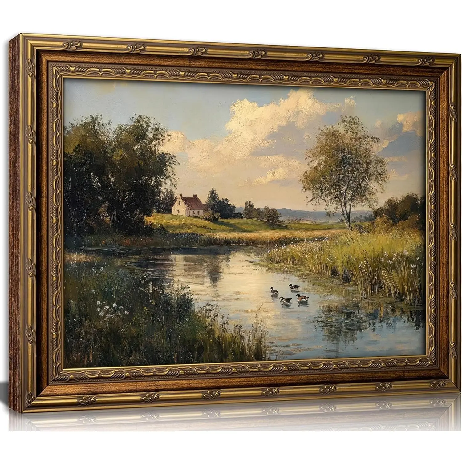 Vintage Gold Framed Rustic Landscape Canvas Wall Art, Pond with Ducks Cottage Scenery Wall Decor,Rustic Farmhouse Nature Poster Print Artwork for Living Room Bedroom Home Decoration 12x16in.