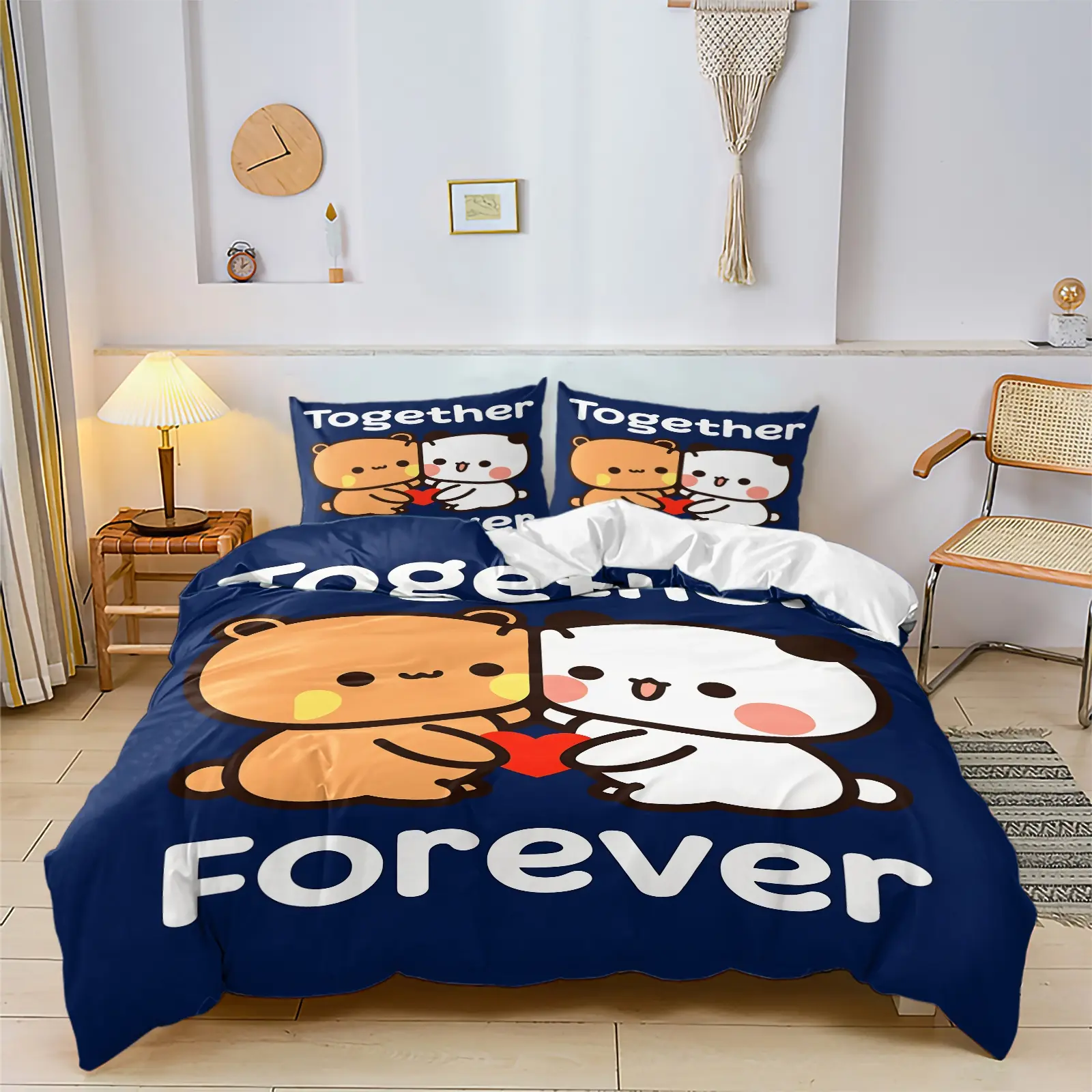 Cute Bear & Panda Couple Duvet Cover Set, Includes 1 or 2 Pillowcases,  Dark Blue Base With Cartoon Lovers Holding Red Heart, Printed With "Together Forever", All Seasons Breathable Duvet Cover, Perfect Sweet Gift For Lovers & Couple