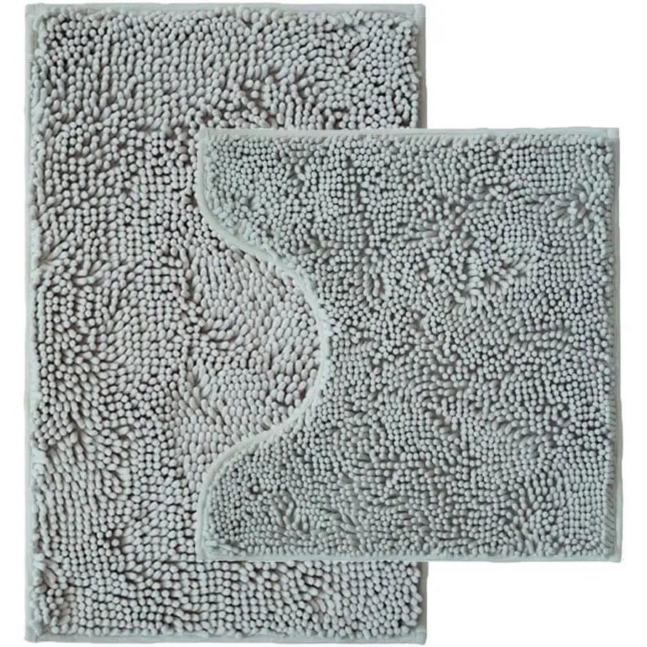 2 Piece Bathroom Rugs Set, Super Absorbent Chenille Bath Mat & U-Shaped Toilet Rug, Strong PVC Non-Slip Backing, Microfiber Washable Quick Dry Bath Mats for Bathroom, Light Grey (20"x32"+20"x20"U)