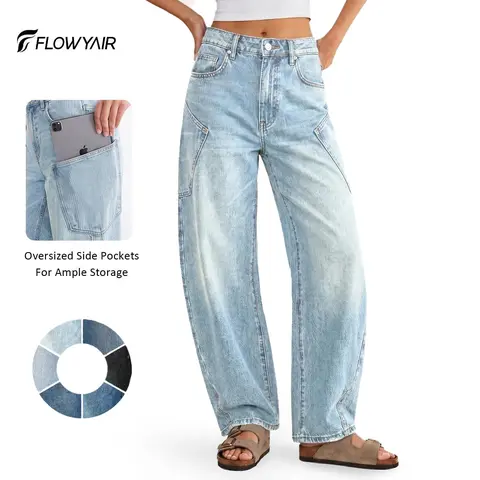 Women's High-Waisted Oversize Barrel Jeans - Flowyair Fit, Wide-Leg Raw Hem, Elastane Button Bottoms, Basic Casual Pocket Denim, Zip Fly, Women's Fashion Pair of Jeans for Students