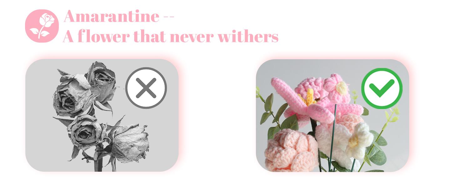 Crochet Bouquet 8PCS, Handmade Knitted Artificial Crochet Flower Gifts - Tulips Roses Daisies Carnations, Preserved for Mother's Day Valentine's Day Birthday Home Decor- Pink