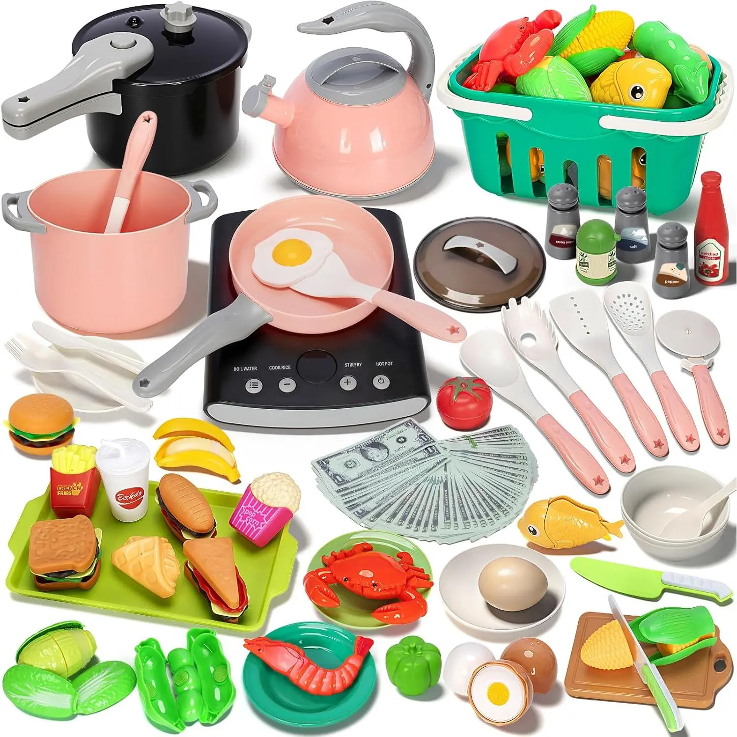 168Pcs Kids Play Kitchen Accessories Toy Set, Pretend Cooking Food Playset with Induction Cooktop, Pot, Pan, Utensils, Cutting Fruit, Prop Money & Shopping Basket, Learning Gifts for Toddler Girl Boyfidget toys