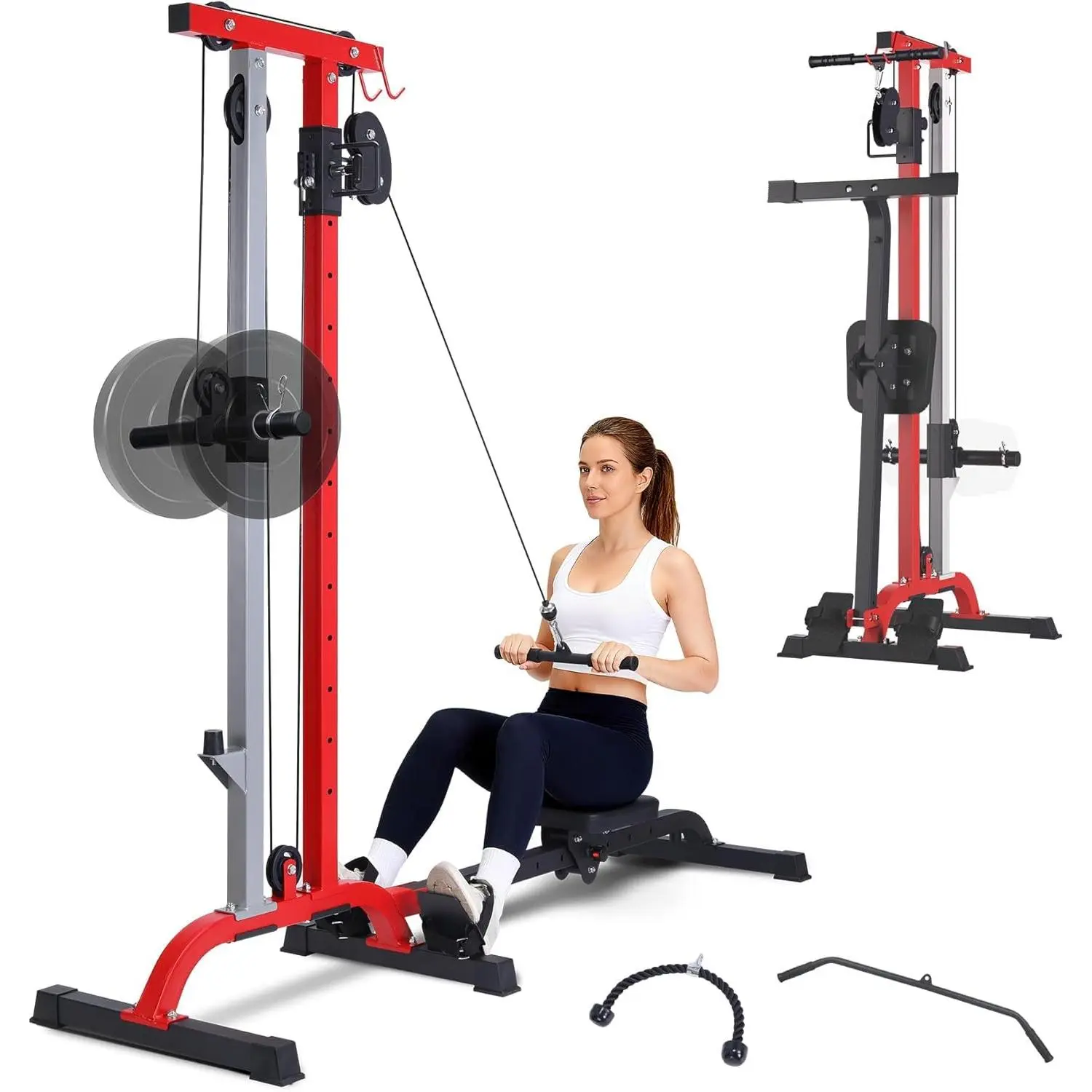 2-in-1 Adjustable Rowing and LAT Pulldown Cable Machine ONLY EQUIPMENT, Multi-Function Home Gym Trainer, High Low Pulley System, Compact Carbon Steel Frame, Ergonomic Seat for Full Body Workout Cardio Training, Black and Red