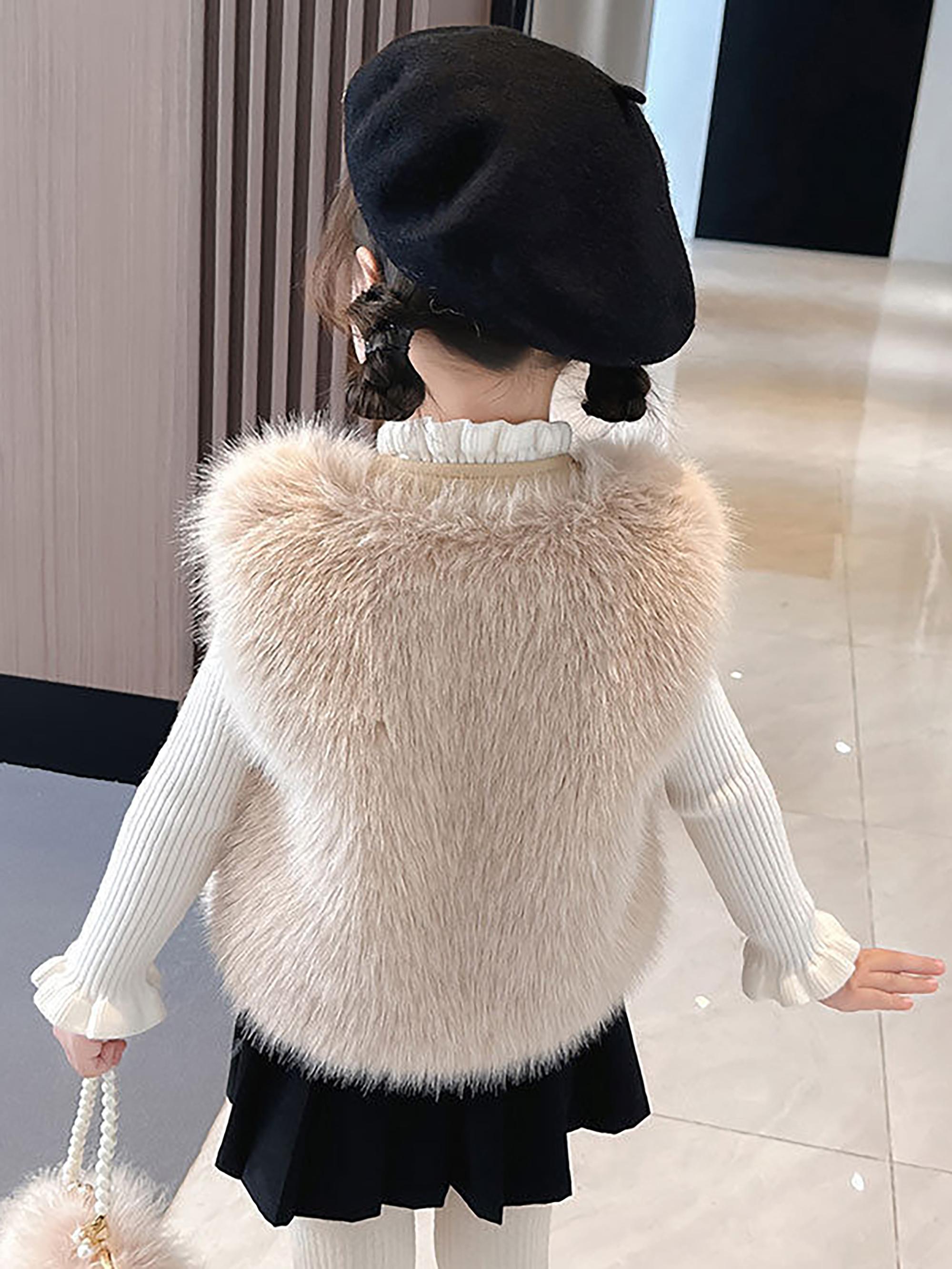 Girls' Thickened Winter Vest Jacket - Soft Pink Plush & Zipper Closure, Cozy Polyester Sleeveless Coat with Ruffled Collar & Waist Tie, Casual Elegant Outerwear for & Little Girls (Spring/Autumn) - Easy-Care Durable Design