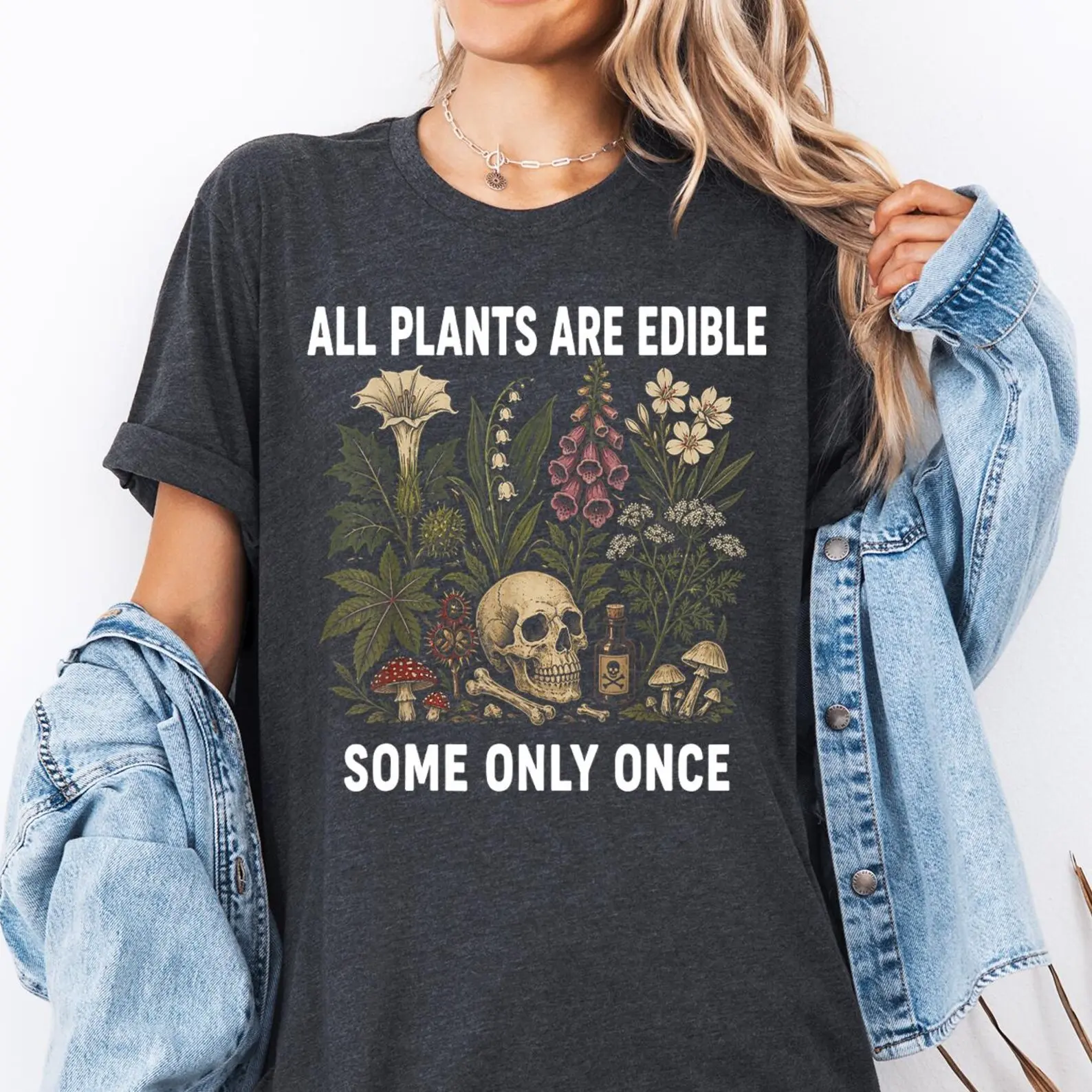 Women's 100% Cotton Round Neck Shortsleeve Outdoor Tshirt - Lightweight, Soft, Breathable, Comfortable Summer Sports Top with Vintage Poisonous Flower Skull Mushroom Plant Graphic, Dark Humor Botany Gift, Fit for Stretchy Denim-Cargo Joggers