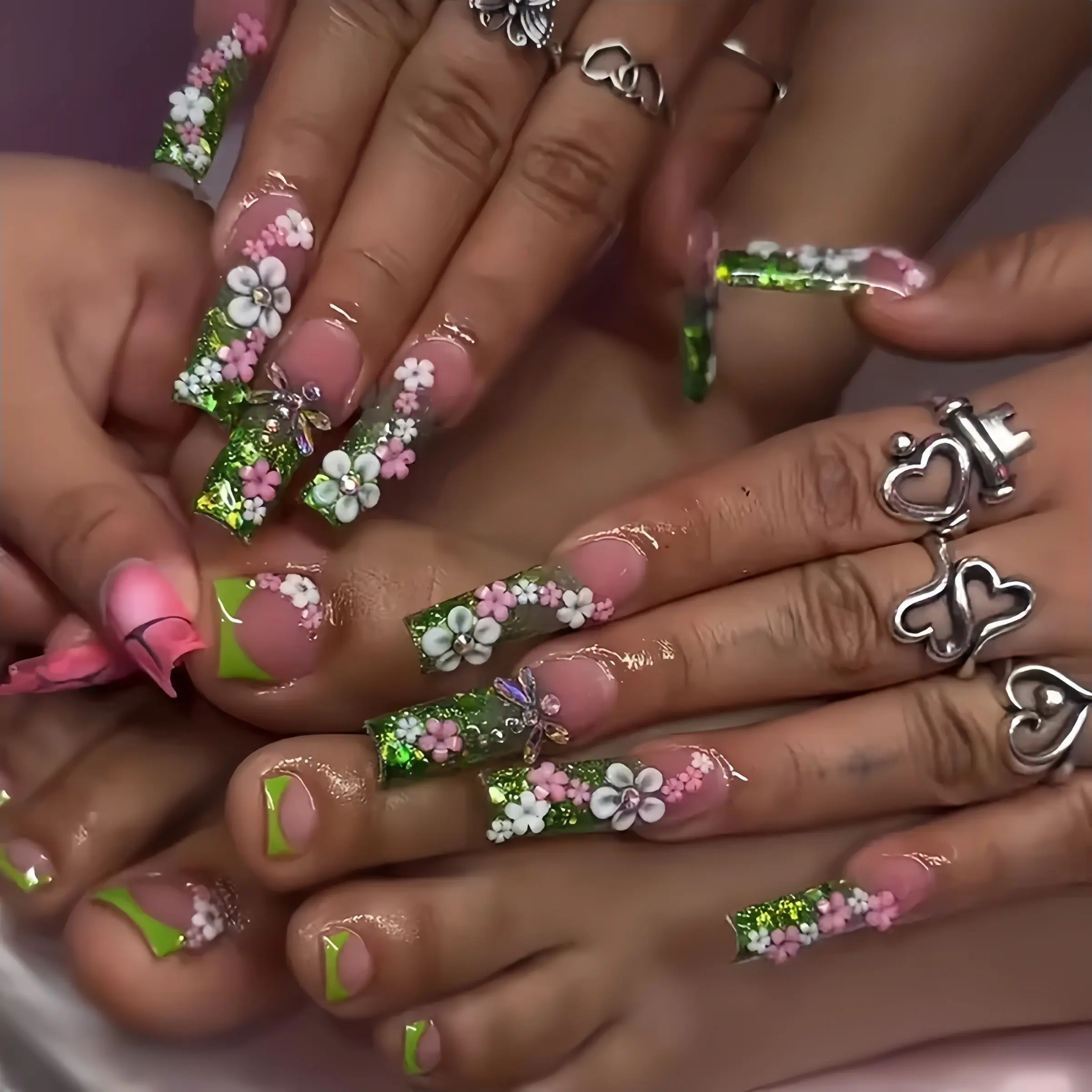 48pcs Long Coffin French Tip Press on Nails, Spring Glitter Gradient, 3D Flower & Dragonfly Charms, Reusable Glue on Nail Extensions, Flower Design Nails