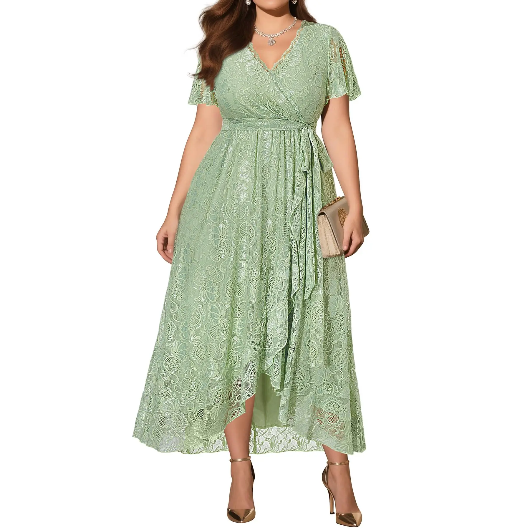 Pinup Fashion Plus Size Dresses Wedding Guest - Formal Cocktail Party Long Lace High Low Wrap V Neck Dress