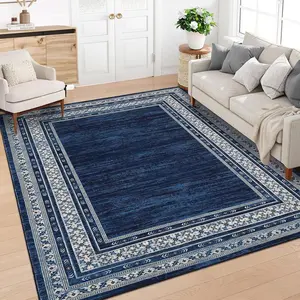 Washable Area Rugs, Modern Large Living Room Rugs, Indoor Non Slip Geometric Throw Carpet for Bedroom, Soft Low Pile Contemporary Floor Cover for Dining Room Office Home, Blue