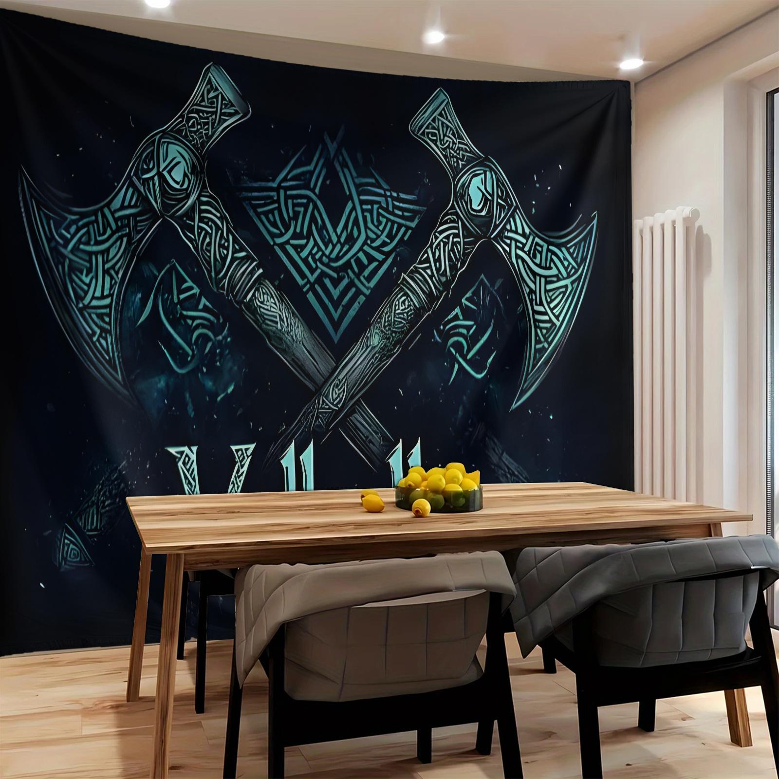 Fantasy Axe Theme Banner with Celtic Knots and Stars, Vibrant Blue Wall Art for Living Room Bedroom Office Party Backdrop, High-Quality Peach Beige Fabric Home Decor