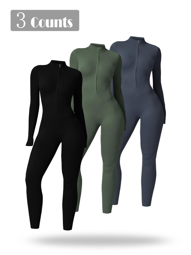 Women's Half-Zip Mock Neck, Comfy Breathable Long Sleeve One-Piece For Gym, Workout Jumpsuits, Stretchable Activewear