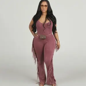 Side Fringe Tassel One Piece Jumpsuit for Women Clothing V-neck Short Sleeve Slim-Fitting Below the Ankle Street Sleeveless Basic Minimalist