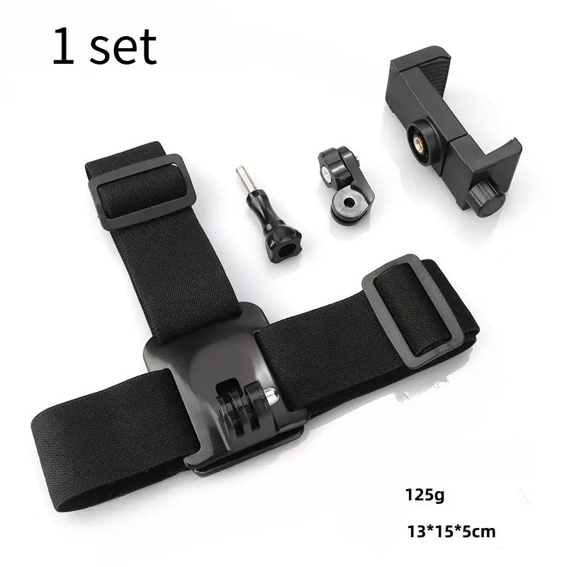 Head‑mounted phone holder for first‑person POV shooting. Fits most smartphones. Includes head strap, long curved screw rod,  adapter & phone clip. Stable to wear, easy assembly, ideal for unboxing, vlogging, live‑streaming & outdoor recording.