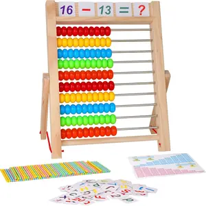 Preschool Math Learning Toy 10-Row Wooden Frame Abacus with Multi-Color Beads Counting Sticks Number Alphabet Cards Gift for 2-6 Years Old Toddlers Boys Girls