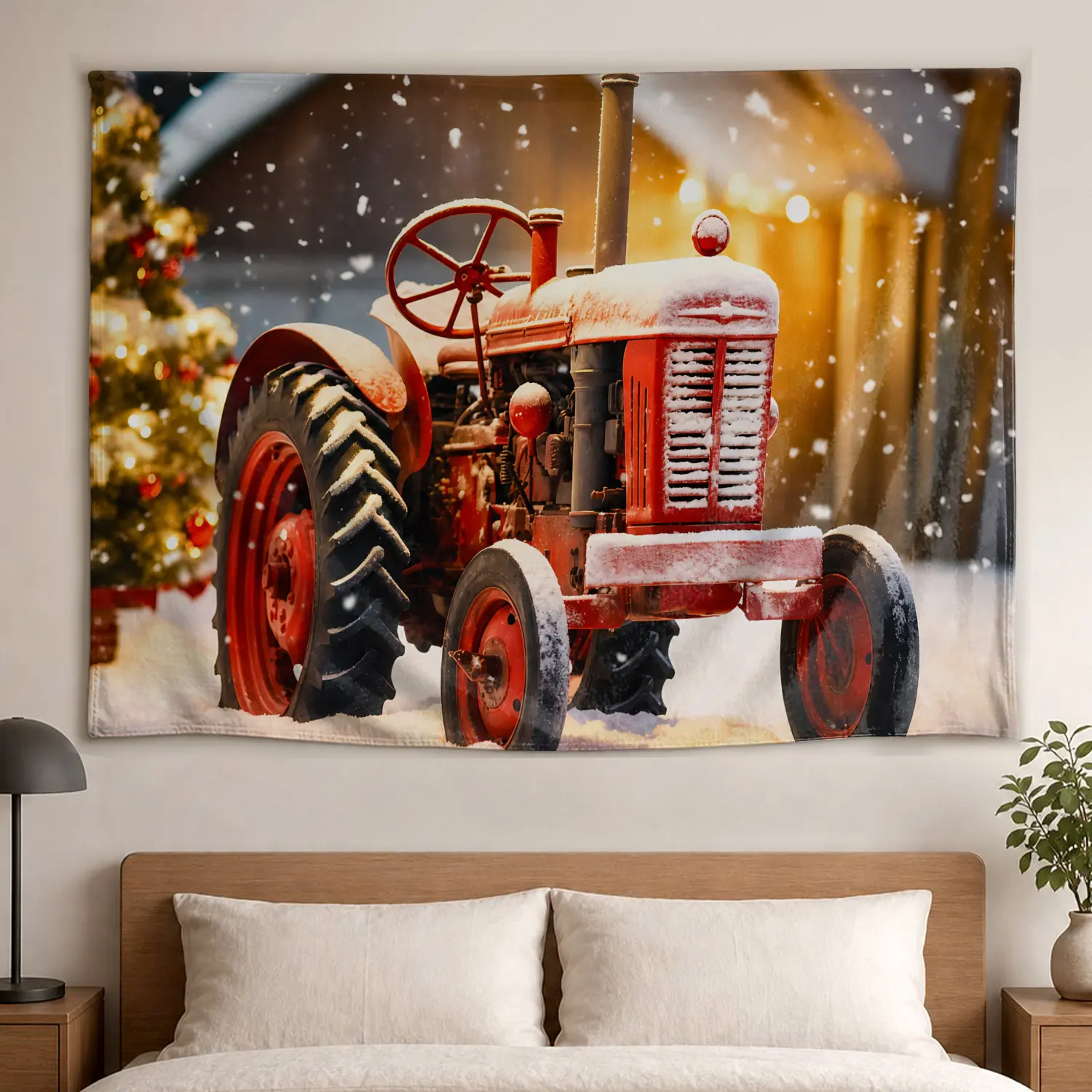 Vintage Winter Farm Tractor & Christmas Tree Polyester Wall Tapestry - Large Horizontal Multi-Size Hippie Vibe Decor, High-Def Print, Colorfast, No-Install Room Decor, Family Gift, Indoor/Outdoor Wall Hanging for Living Room Farmhouse, Artwork