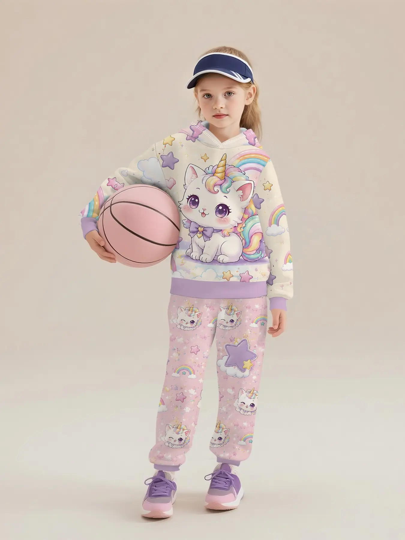 Hoodie and extra-long pants set with digital print of pale white clouds, rainbows and unicorn kittens, trendy casual kids' clothing for girls, suitable for daily outings and outdoor sports, an ideal gift for girls