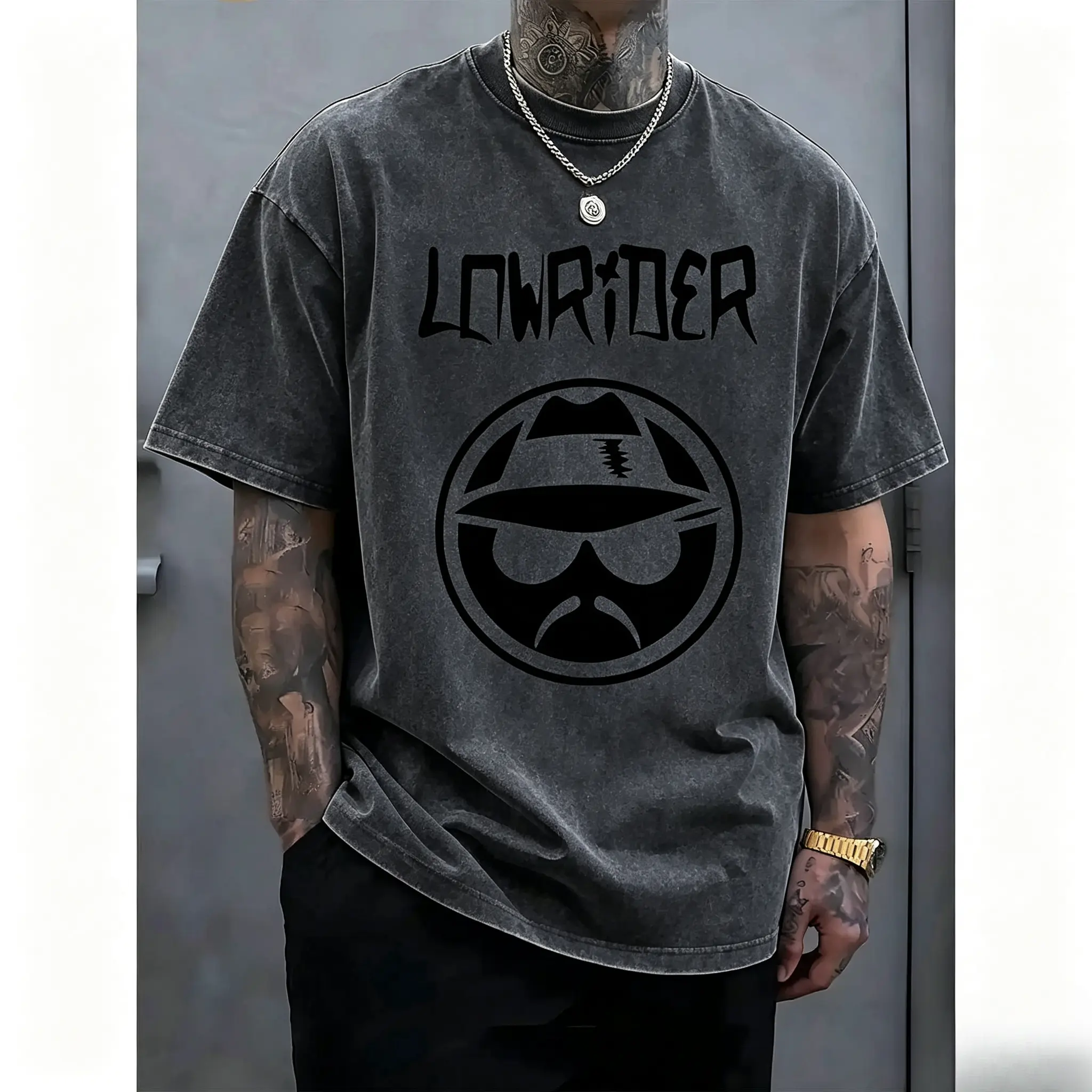 Men's Casual Graphic Tee - Short Sleeve Crew Neck Tee with "LOWRIDER" Print, Summer Outdoor Streetwear, White Machine Washable, Casual Outfit |     Casual Style Shirts |     Machine Washable Tops, T-Shirts