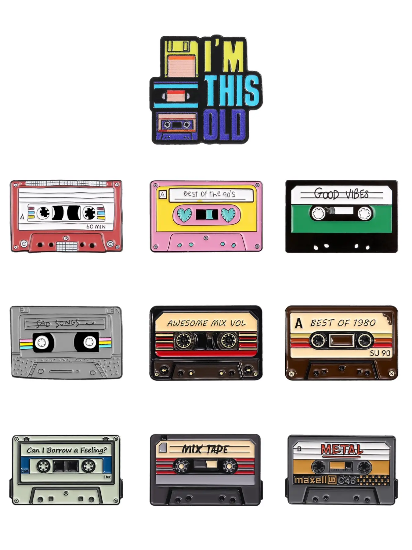 10pcs Retro Cassette Tape Enamel Pin Set, Vintage 80s 90s Music Mix Tape Brooch, Rock N Roll Nostalgia Lapel Badge Gift, Fashion Lapel Pin, Enamel Lapel Pins