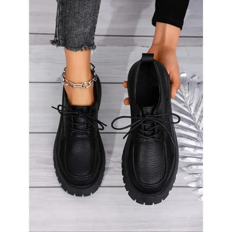 Women's Lace-Up Thick Sole Leather Boots, Vintage British Style, All-Season Casual Shoes, Comfortable Lazy Shoes for Women and Girls