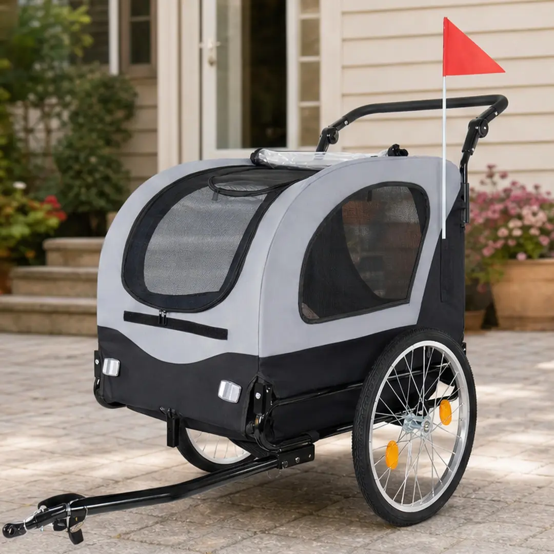 ARCH 2-in-1 Pet Bike Trailer & Stroller for Dogs up to 110lbs, Foldable Dog Carrier Cart with 20'' Air-Filled Wheels, Front Swivel Caster, Breathable Mesh, PVC Rain Cover, Steel Frame, Gray, Outdoor Use, Black+Grey Color Options, Steel Material