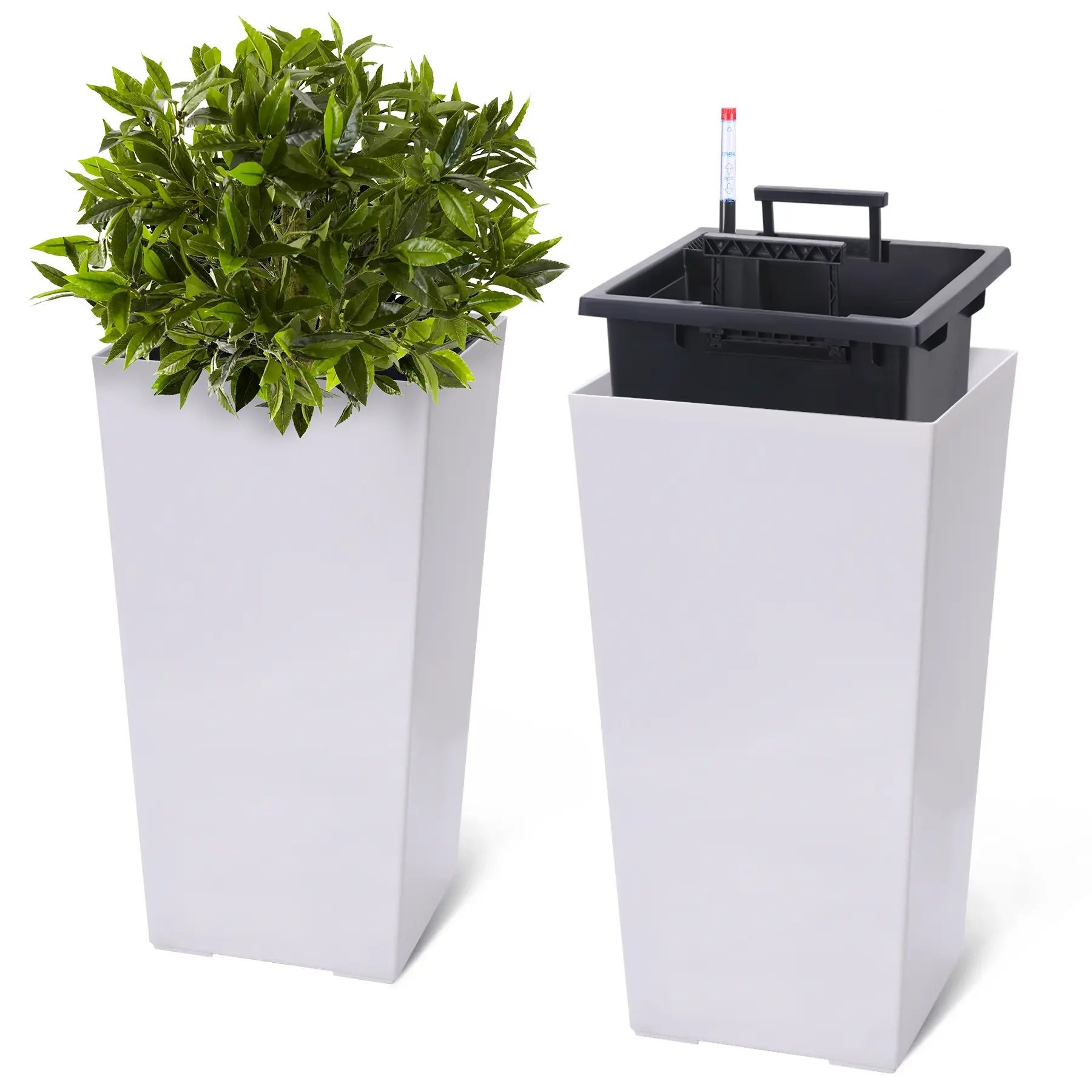 Set of 2 Tall Modern Planter Pots for Indoor and Outdoor - 22.4" Tall Self-Watering with Drainage Holes, Water Level Monitor, Inner Bucket – Large Garden Flower Pots – White