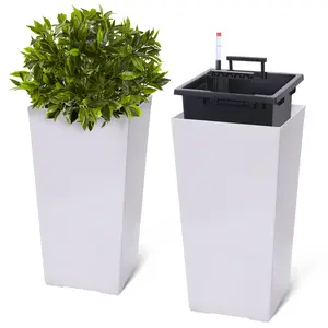 Set of 2 Tall Modern Planter Pots for Indoor and Outdoor - 22.4" Tall Self-Watering with Drainage Holes, Water Level Monitor, Inner Bucket – Large Garden Flower Pots – White