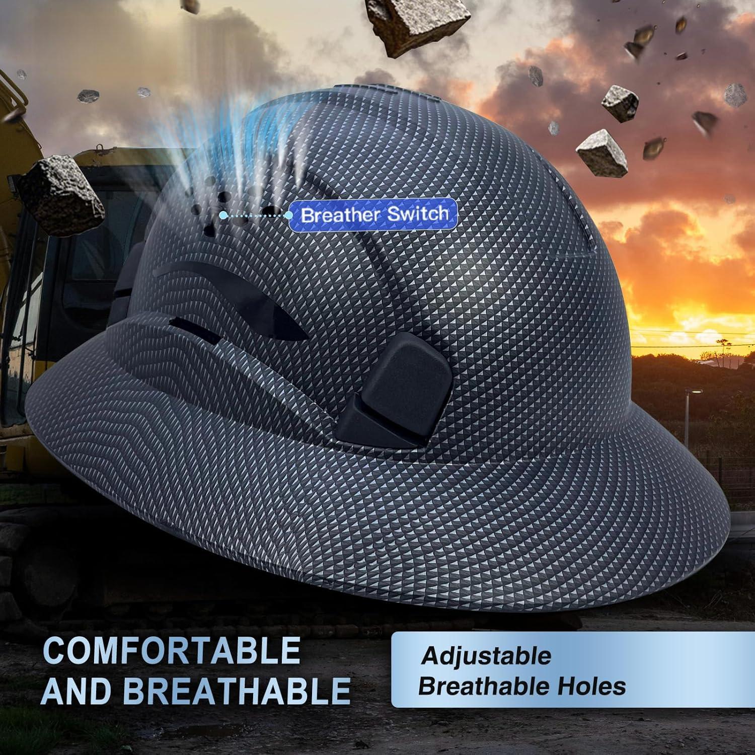 Full Brim Hard Hat Vented Construction Safety Helmet Industrial Work Hardhat for Workers 6 Point Adjustable Ratchet Suspension Breathable Head Protection