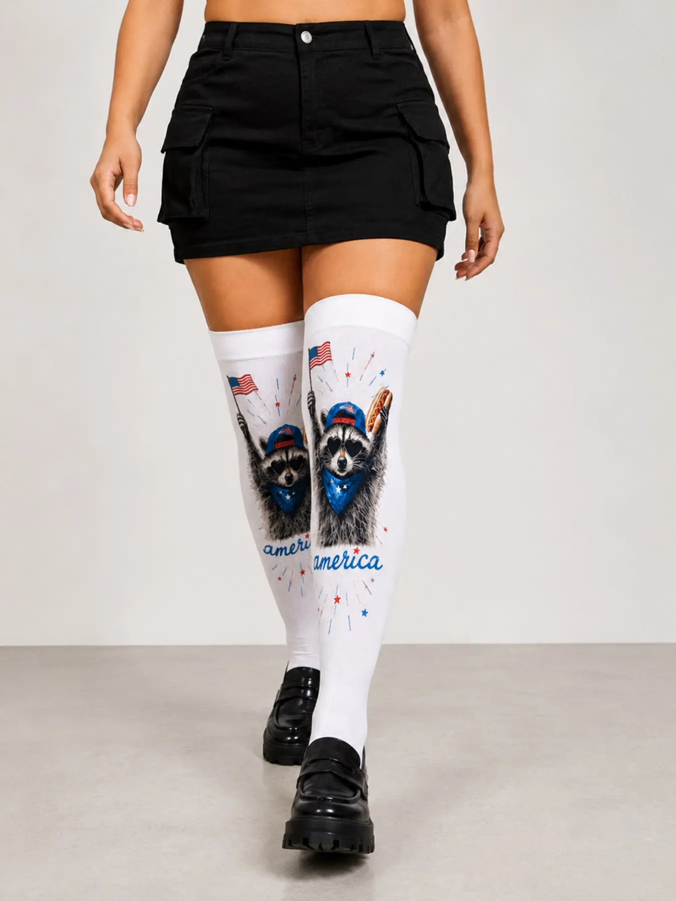 Women’s Usa Raccoon Graphic Thigh High Socks, Patriotic over Knee Stockings, Perfect for Holiday, Comfortable & Stylish