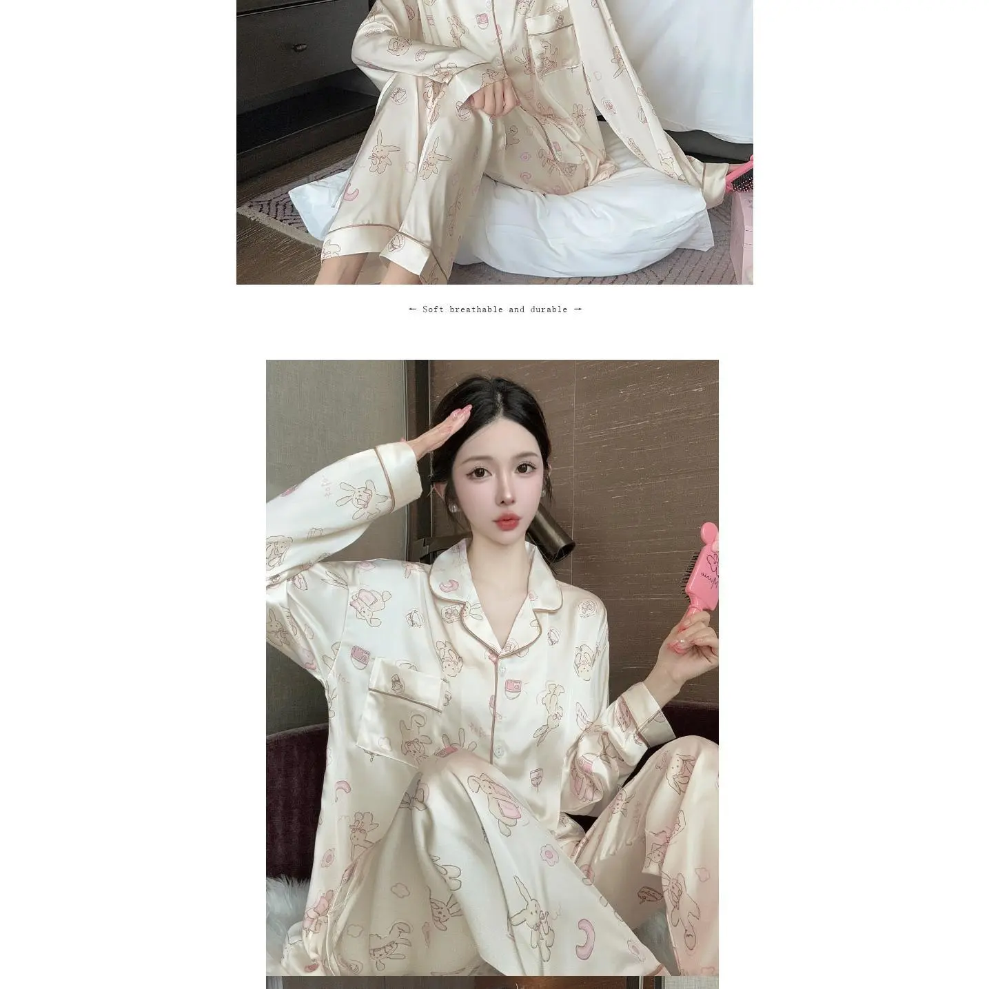 Korean Kawaii Cute Cartoon Little Rabbit Women's Pajamas Sweet Lady  Print Fashion Sleepwear 2024 Autumn Winter New Nightwear