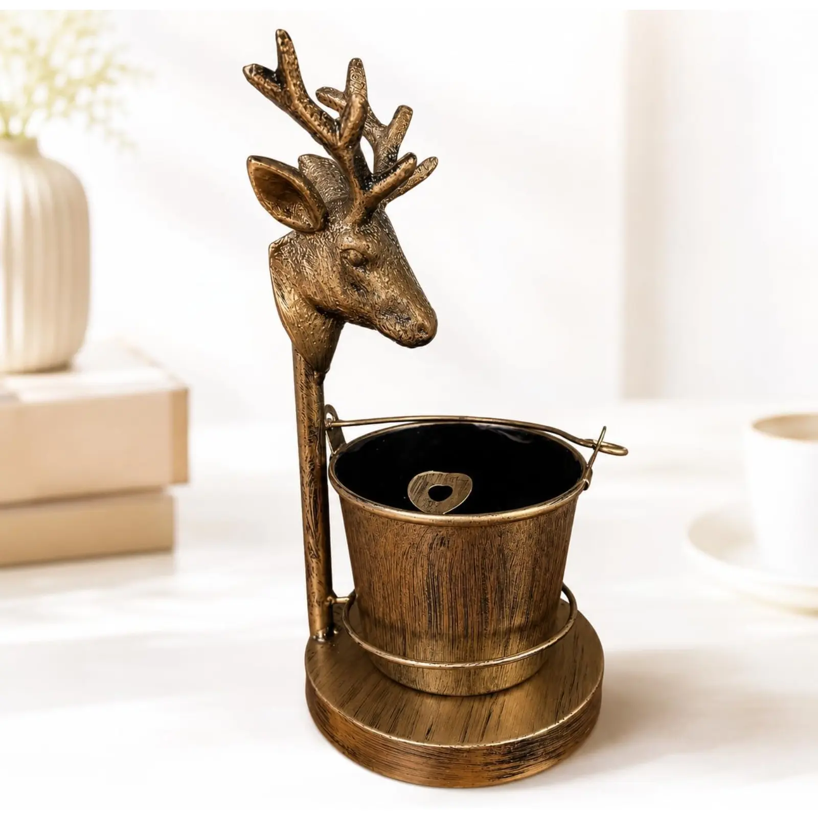 Rustic Bronze Iron Ashtray, Vintage Bucket Holder with Faucet, Bird, Deer Accents, Farmhouse Tabletop Decor for Desk, Patio, Bar, Office, Man Cave