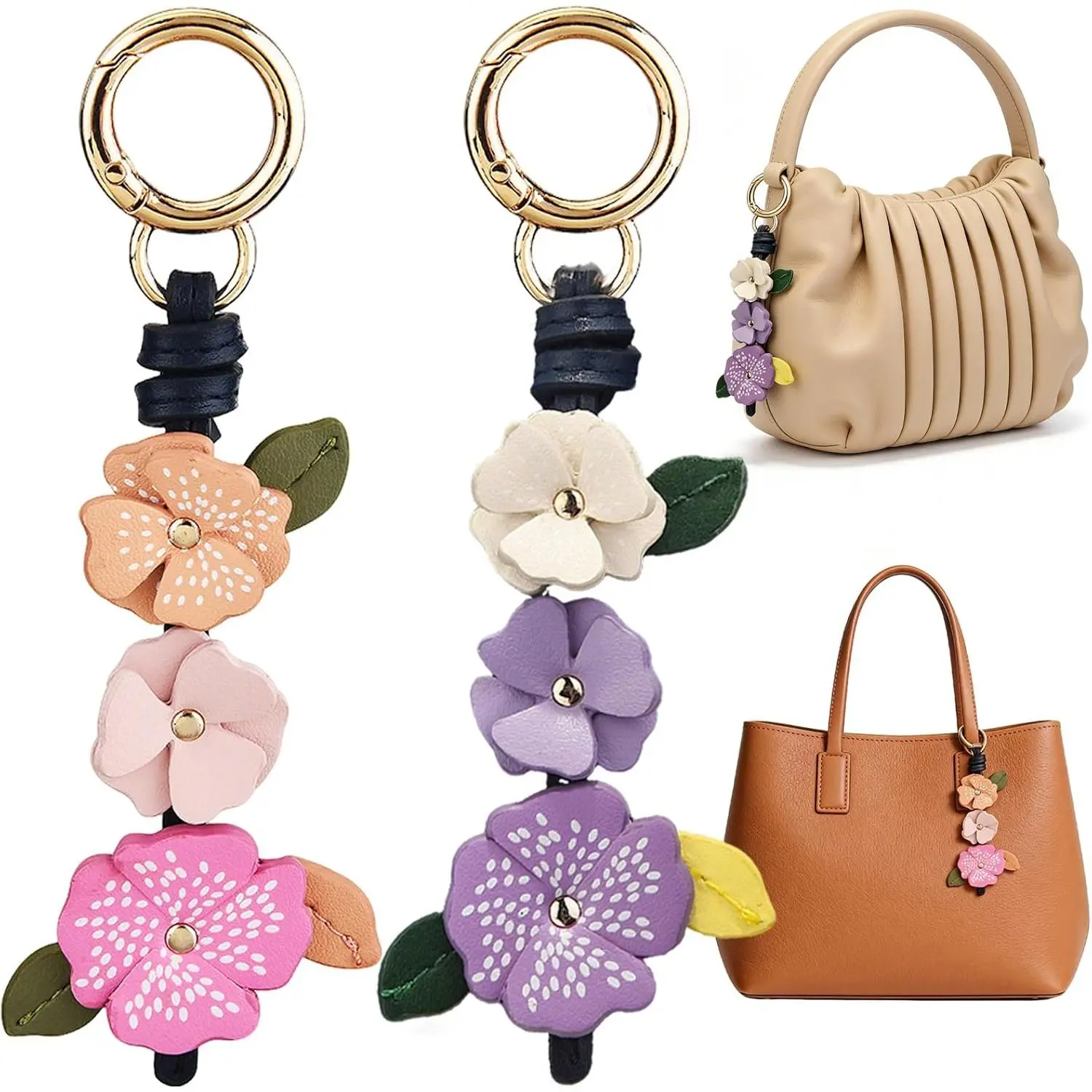 2 PCS Leather Flower Bag Charms for Women Girls Floral Purse Keychain Cute Sweet Camellia Key Chain Elegant Retro Aesthetic Keyring Accessories for Handbags Car Keys Hanging Backpacks (Pink, Purple)