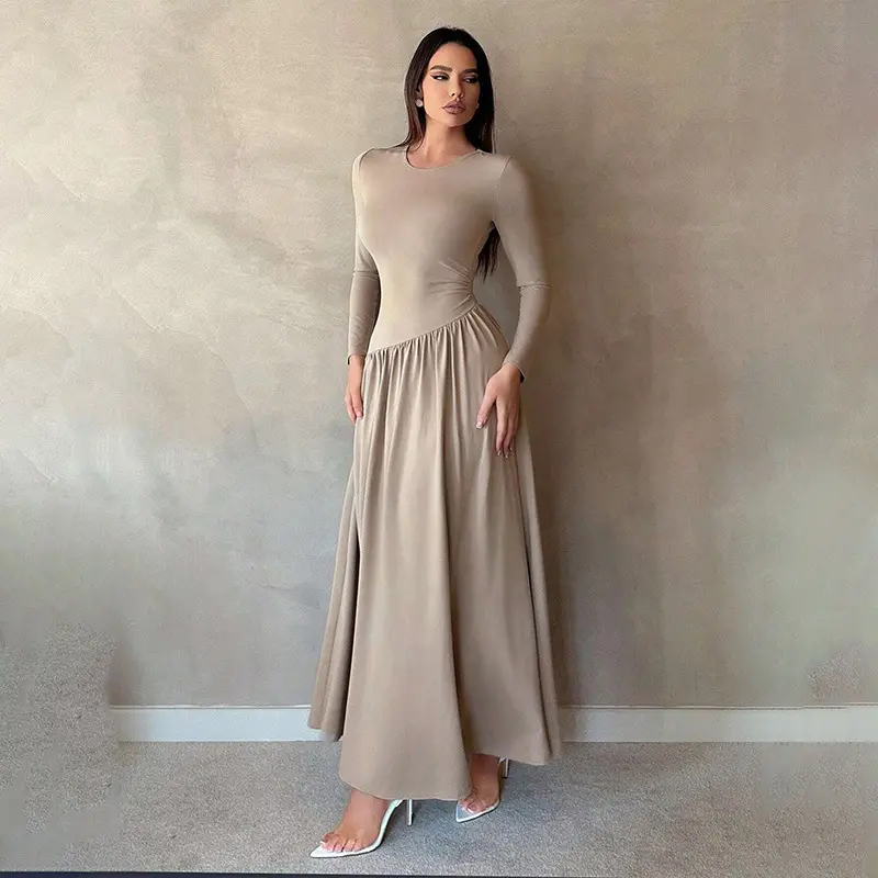 Women's Long Sleeve Maxi Dress Fall 2025 Ruched Bodycon Elegant Commute Solid Casual Party Prom Long Dresses