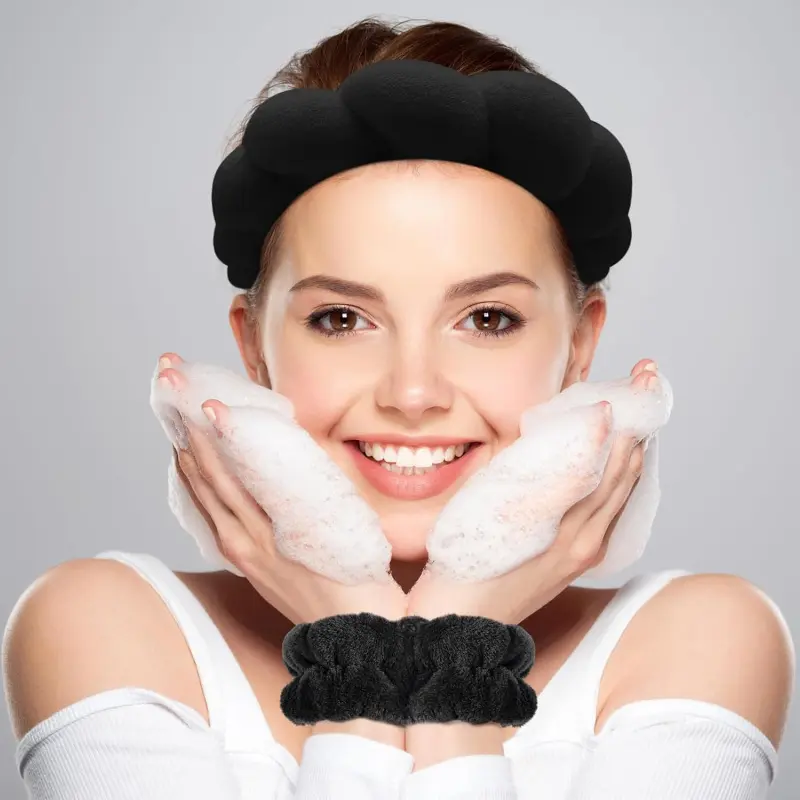 Spa Bubble Headband and Wristband Set, Soft Plush Skincare Headband, Suitable for Face Washing, Makeup, and Beauty (Black)