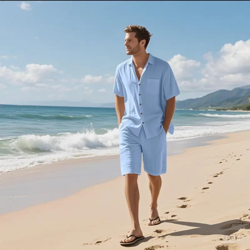 Men's American Style 2-Piece Linen-Polyester Plain Linen Blend Menswear Set - Short Sleeve Button Closure Shirt & Shorts, Machine Washable for Summer Beach Casual Use, Elastic