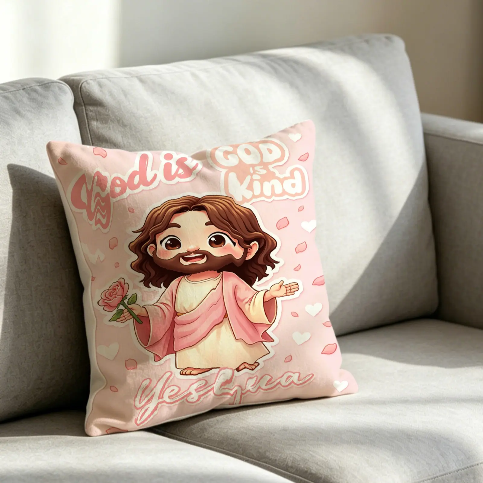 1 Christian Themed Throw Pillow Featuring a Cute Cartoon Jesus and “God Is Kind” Print Perfect for Adding a Touch Of Whimsy to Your Bedroom, Living Room, or Sofa. Includes Filling.