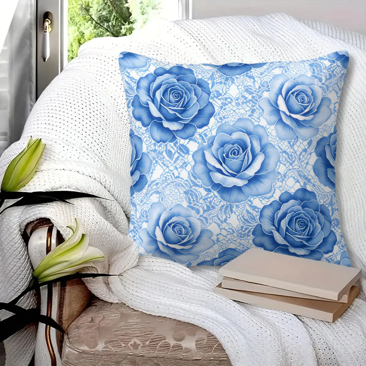 Light Blue Watercolor Blush Big Rose Decor Pillow With Insert, Single Cushion, Fade Resistant Machine Washable Cover, Soft French Girly Home Decor For Living Room