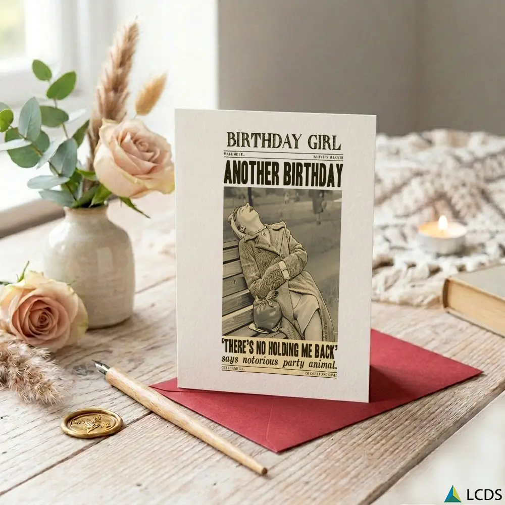 1pc Birthday Girl Celebration Card and Party Invitation Vintage Newspaper Style Print Suitable for Friends Family Colleagues and Pet Lovers Holiday Gifting and Daily Use
