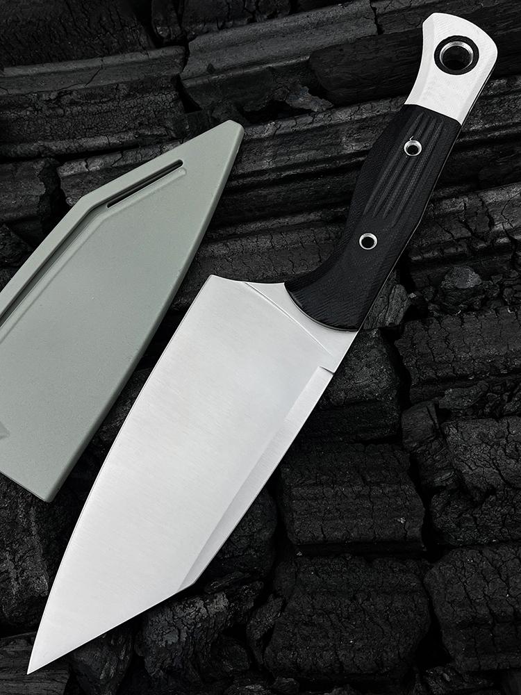 4010 Station Knife Kitchen Knife Fixed Blade  5.9" CPM-154 Stainless Steel Clip Point Blade, OD Black G10 Handles with White G10 Bolsters, Plastic Sheath Hiking Camping kitchen knife, slicing knife