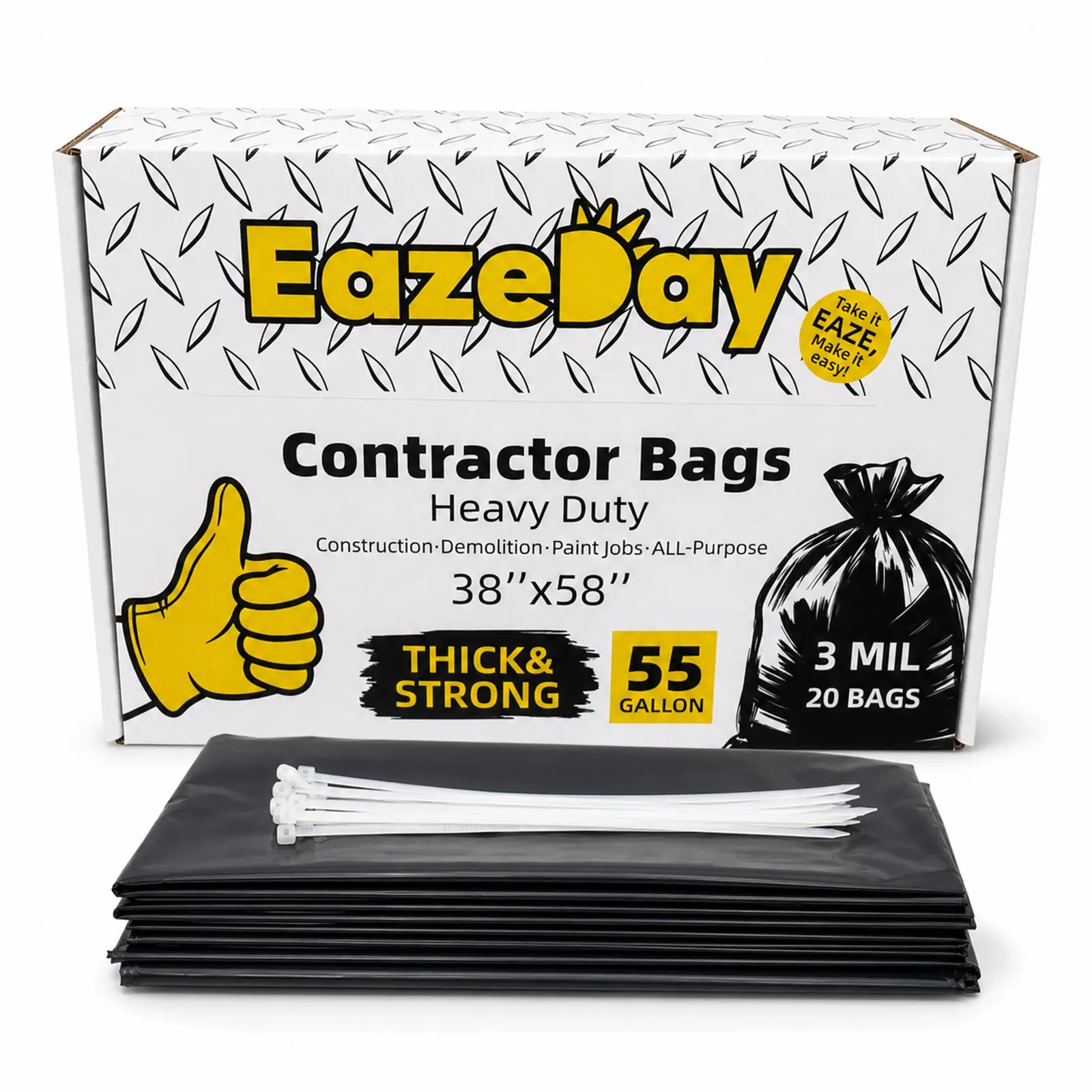 Eazeday 55 Gallon Contractor Bags, 38" ×58“, 3 mil thick, Puncture-Resistant, Large Size, 20 Bags with Cable Ties, Ideal for Construction Sites