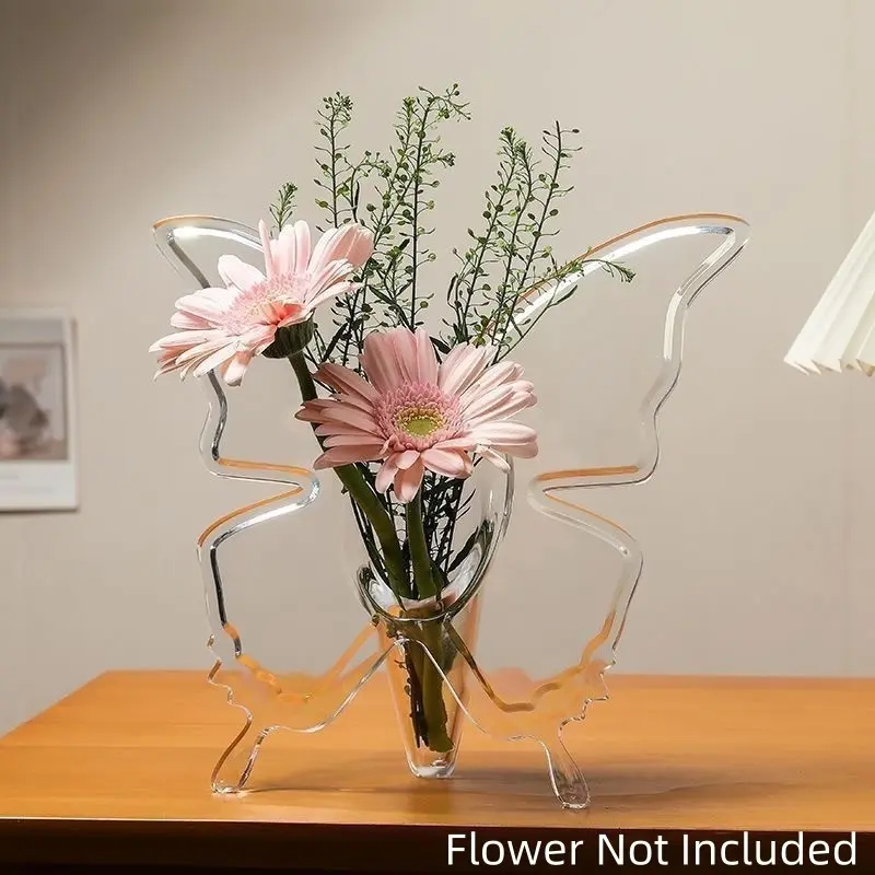 1Pc Transparent Acrylic Butterfly Shaped Vase, Minimalist Leakproof Desktop Flower Stand, Modern Hydroponic Vase for Single Stem & Bouquet Display, Elegant Table Centerpiece for Desk, Office, Bedroom, Wedding & Banquet Decoration