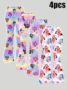 4 Pcs Girls Flared Pants, Rainbow Gradient & Cartoon Print, Elastic Waistband Slim Fit, Casual Long Pants for Kids