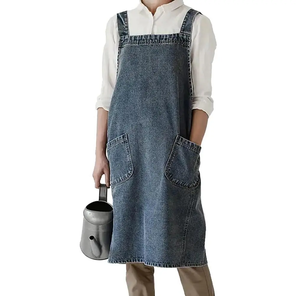 Denim Apron with Large Pockets for Cooking Kitchens, Gardening Aprons for Women Men, Bib Jean Apron for Arts Cafe Work (Style B, Deep Blue)
