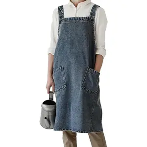 Denim Apron with Large Pockets for Cooking Kitchens, Gardening Aprons for Women Men, Bib Jean Apron for Arts Cafe Work (Style B, Deep Blue)